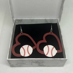 Wood heart baseball earrings